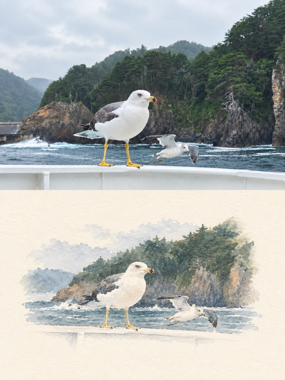 船縁に立つ鳥と飛ぶ鳥の写真を上半分、同じ海辺の水彩画を下半分に置いた縦長ポスター。