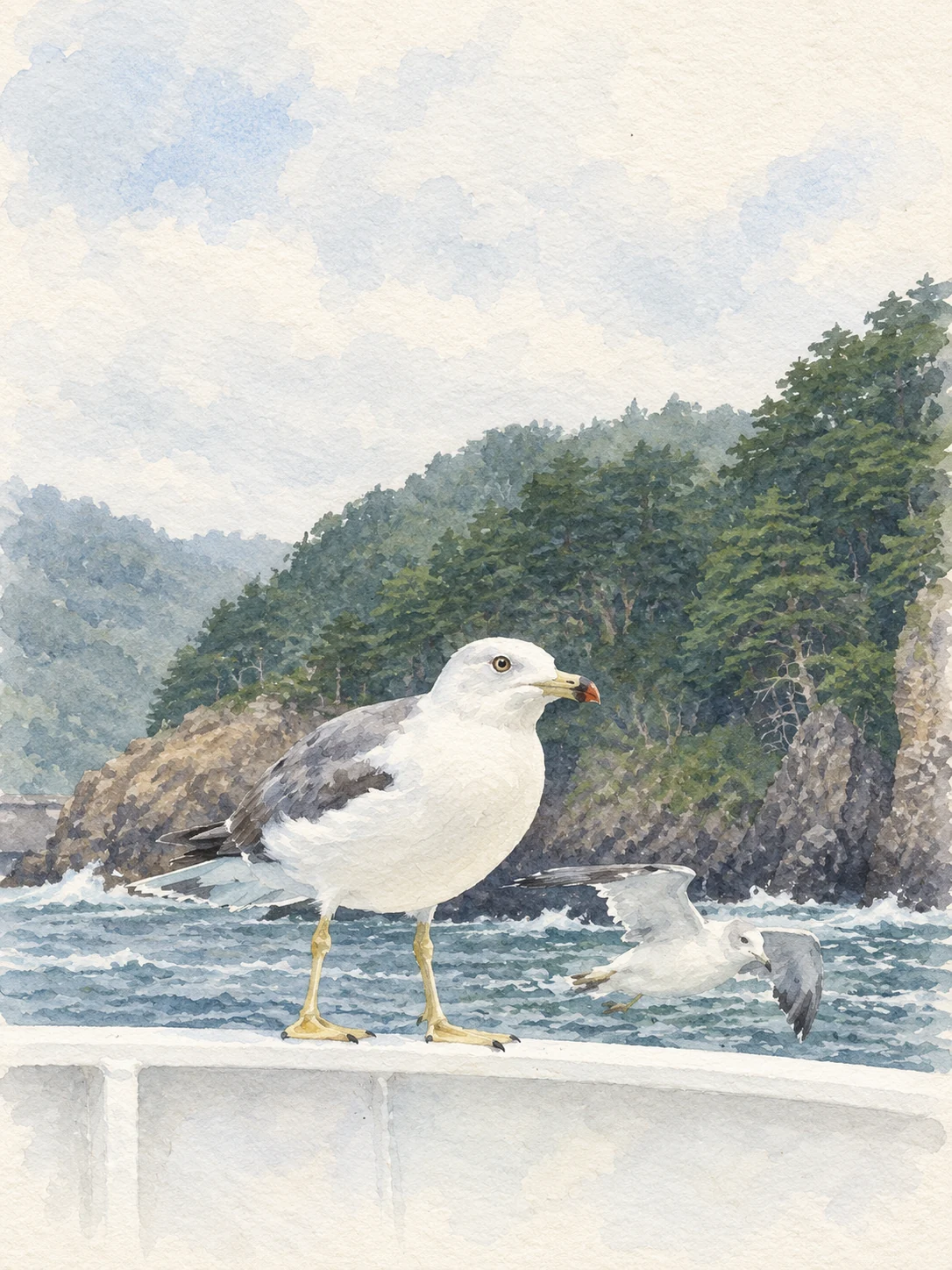 海鳥二羽と海岸を淡い色と筆跡で描いた独立した水彩画。