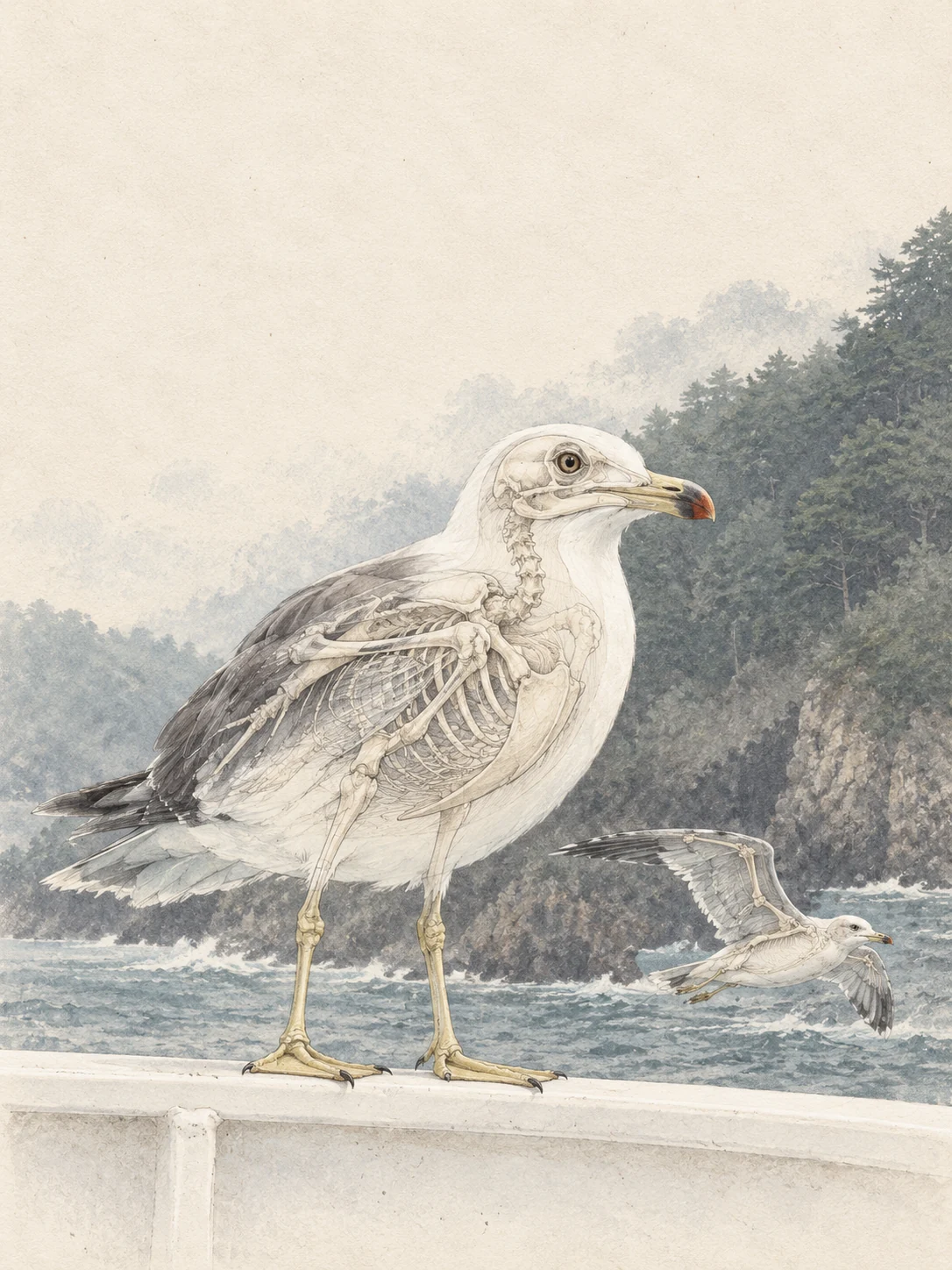 海鳥二羽の羽毛に骨格線を重ねた、紙の質感のグラフィック。