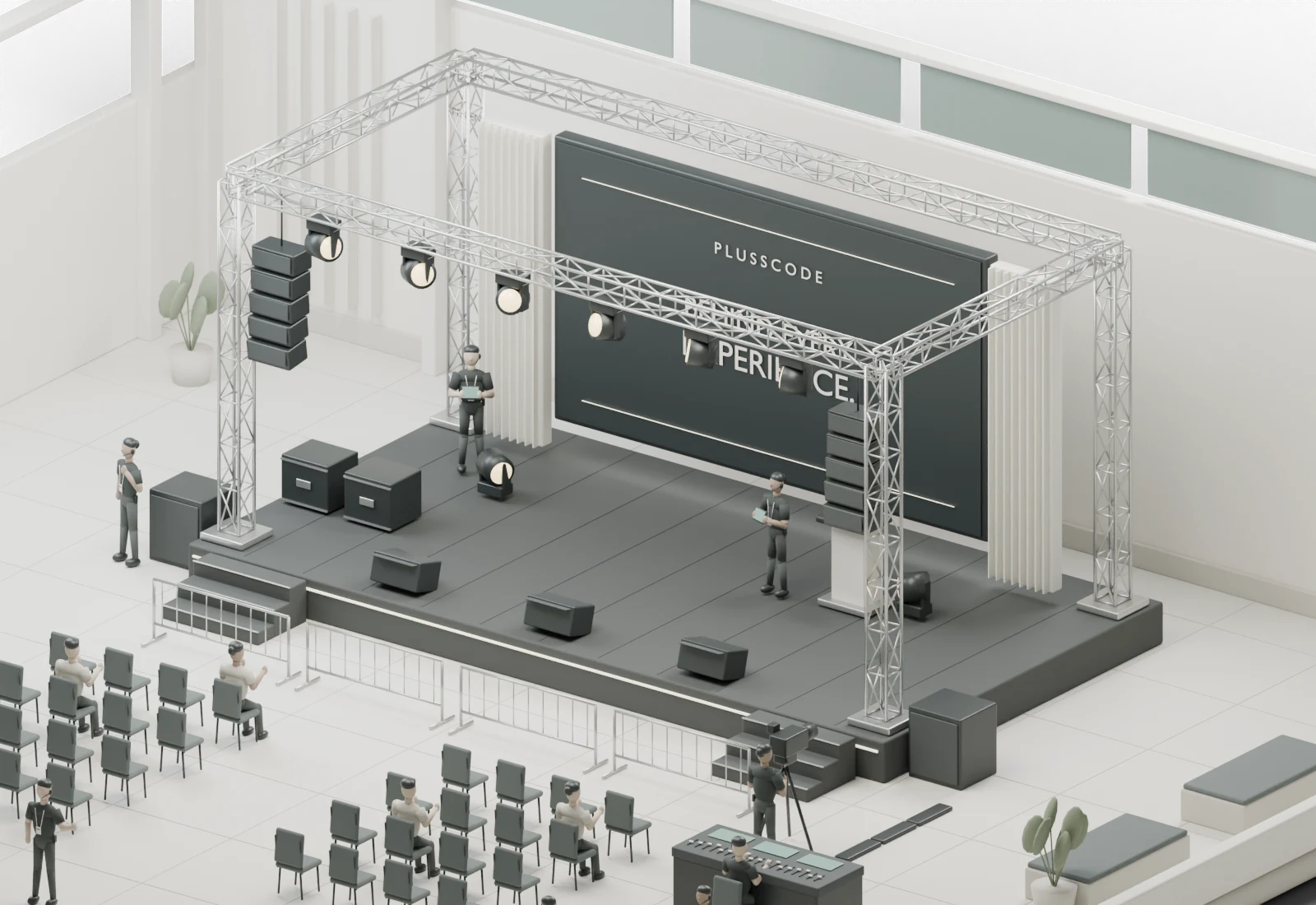 ステージ、受付、運営機材を備えたイベント会場の3D